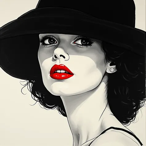  a close-up painting of a woman wearing a hat,  inspired by Aubrey Beardsley , directed by: Jack bauer,  inspired by Georges Lemmen , por Shinoda Shop, directed by:  Gavin Hamilton ,  inspired by Man Ray , Digital ink painting ,  radiant skin ，Red lips,  i...