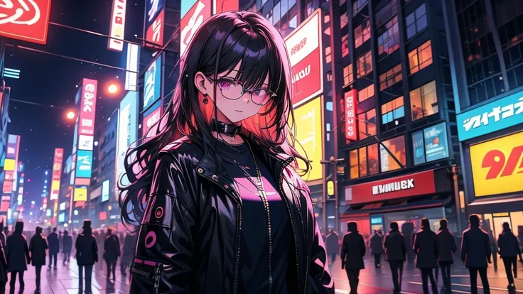 "A semi-distant cinematic view of a beautiful anime-style woman with long, wavy dark hair, wearing a sleek black outfit with thin straps. She stands in a vibrant neon-lit cityscape at night, surrounded by realistic, high-resolution city lights and neon sig...