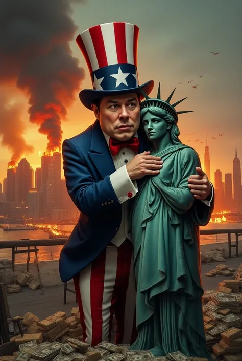 In exaggerated caricature Elon Musk Dressed as uncle Sam hugging a crying distraught statue of liberty. From Ellis Island New York City burns in the background. There should be an abusrd amoint of money gold and luxury items strewn about as if pillaged. ￼￼