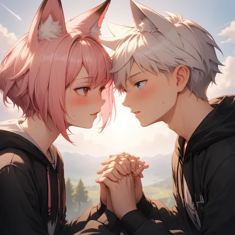 (masterpiece, best quality:1.2), highly detailed, (couple), hetero, (duo focus) 1girl, 1boy, holding hands, Looking at Another, Bedroom scenery, highres soft Lightning, soft Lightning, BREAK, ((First female, Long pink hair, Fox ears, Blue eyes, Slight blus...