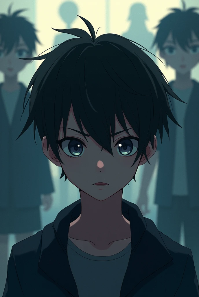  A boy in front of the camera with his face covered by the shadow of his hair with silhouettes of boys and girls behind him, Stylish anime the drawing  