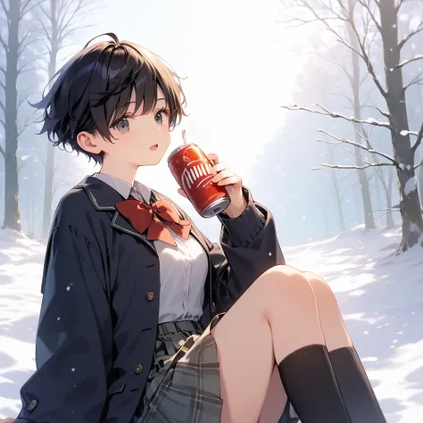 score_9, score_8_up, score_7_up, source_anime, best quality, masterpiece, official art, absurdres, highres, ultra-detailed,waifu2x,  break,1girl, very short hair, pixie cut, flipped hair, beautiful breasts,  beautiful detailed eyes, school uniform, snow, w...