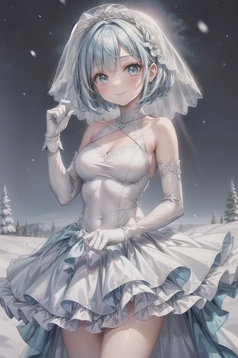 girl, medium breasts, smile, (light blue bob style hair), white bare shoulders one-piece medium skirt wedding dress, white long gloves, snow