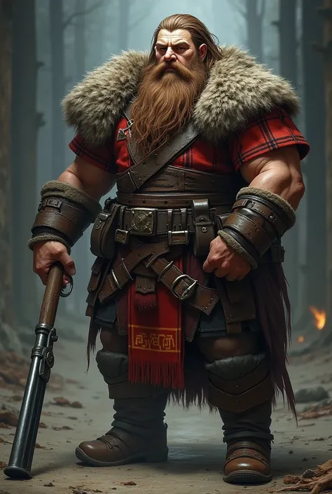 A handsome dwarven male with long flowing brown hair, a close cropped beard and dark eyes. He wears a red, black and yellow tartan. He holds in his hands a blunderbuss. 