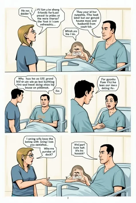 Create a series of comic strip images of a woman who blames her husband for not coming to see her in the hospital even though she had spent the whole day there on a drip. the husband tries to defend himself but his wife retorts that he has no excuse. We sh...