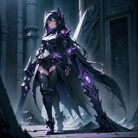 (((masterpiece, best quality, high detailed, 16k))) (1girl) A mysterious and dark woman with long, flowing jet-black hair that blends into the shadows around her, and glowing purple eyes filled with malice. Her expression is one of silent arrogance, her sm...