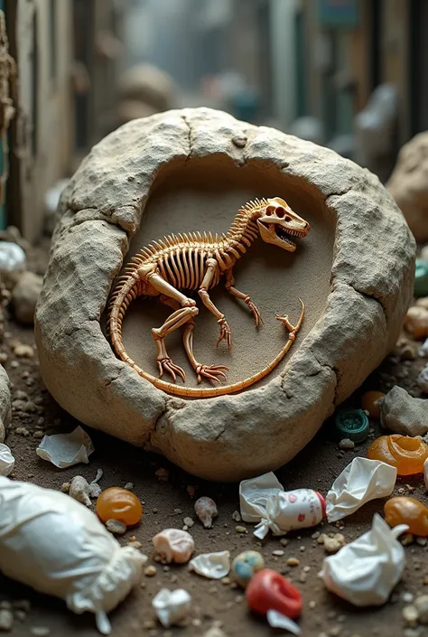 Make a fossil with a stone in the trash