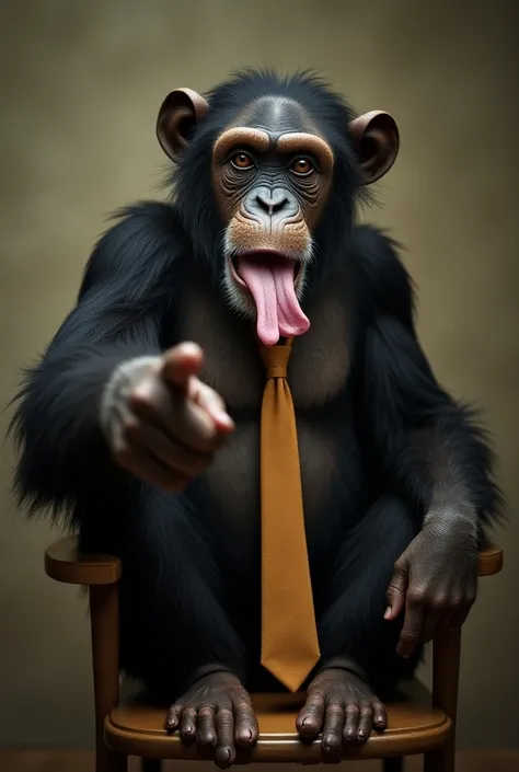  A very funny chimpanzee with its tongue sticking out . The disheveled head . with tie. sitting in a wooden chair.  Passed for a photo with the hand pointing at the camera.