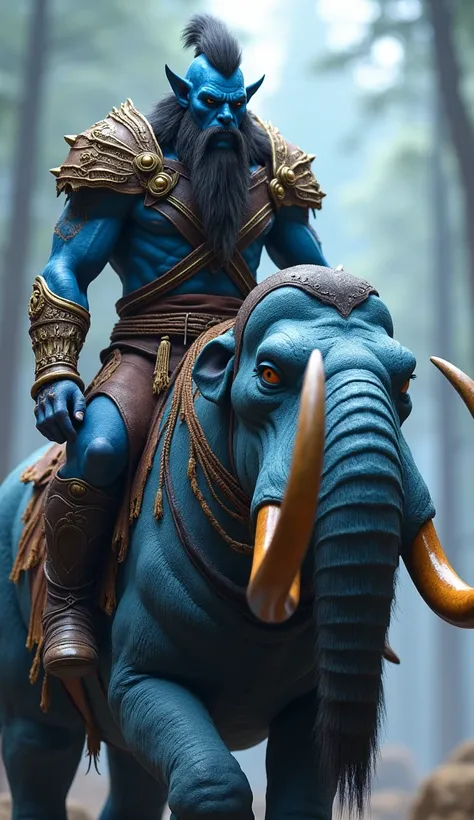 A Full Body photo shot of a blue native orc warrior, riding on his majestic sharp tusk mammoth, beautiful face, vivid colors, elegant, concept art, sharp focus, digital art, Hyper-realistic, 8K resolution, Unreal Engine 5, Highly Detailed, HD, Dramatic Lig...