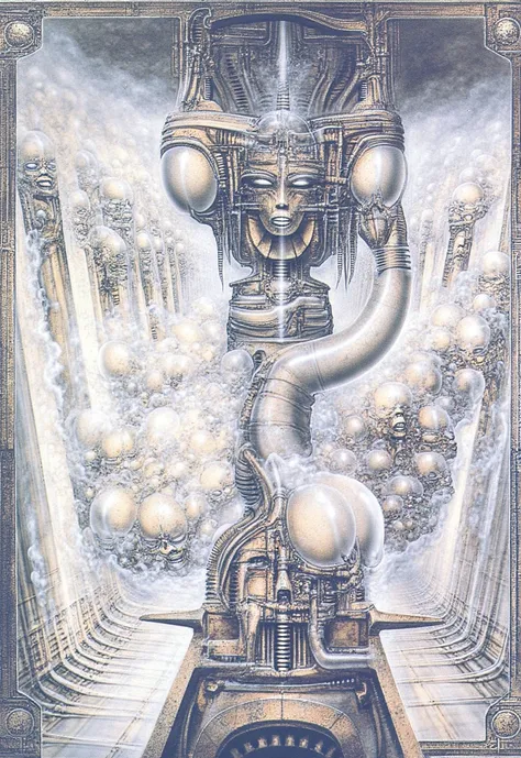 H. R. Gigers g1g3r, , Giger_style, The image is a detailed view of H.R. Gigers " Li ii " plate, featuring ( Circus on exile left abandoned clowns behind. Tableau is a surrealistic representation of a mechanical city with intricate designs and patterns. It ...