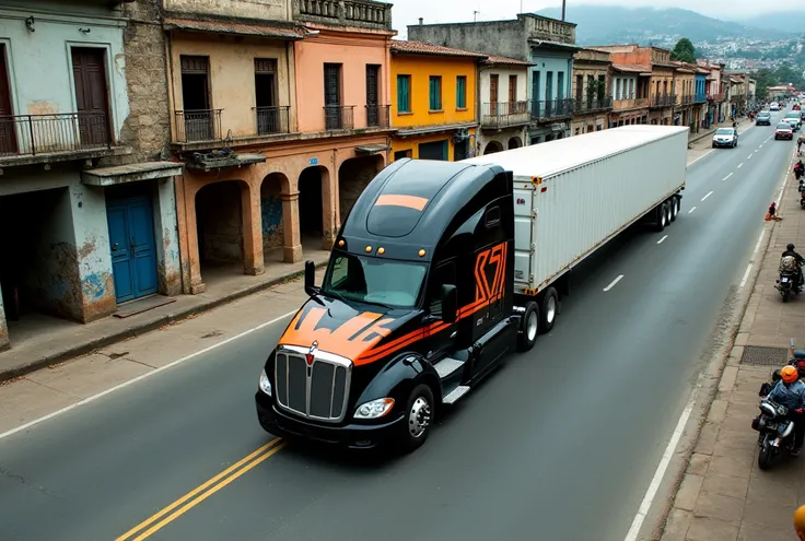 realistic photo from the sky of a street in Guatemala where a black Petterbilt header with orange stripes is passing through. with a white container 