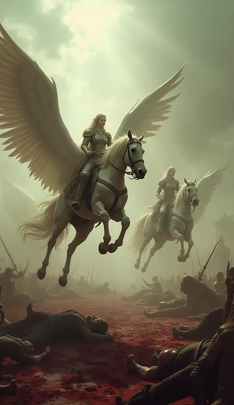 " Valkyries descending from the skies on winged horses, surrounded by heavenly light ,  on a bloodied battlefield ,  with fallen warriors surrounding , Epic and mysterious atmosphere."