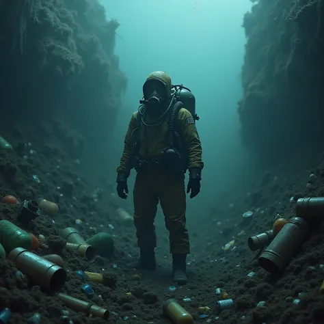 a man in a diving suit underwater with a lot of garbage behind him