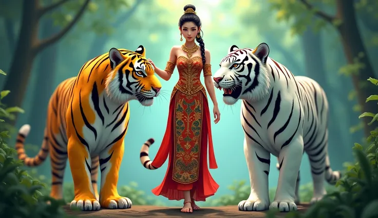 Thai Ghost Comic style, detail arts, pee 1 bath. an asian women in Thai traditional dress standing with big yellow tiger  and white tiger , her hand touch the tiger head, in forest blur background, light leak