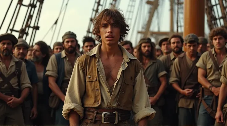 " A young sailor in his late 20s, in worn-out old clothes, named Jack, scrappy and eager for adventure, stands ahead in front of a crowd of rough-looking sailors, and treasure hunters, shaking their heads enthusiastically, unaware of the danger he is about...