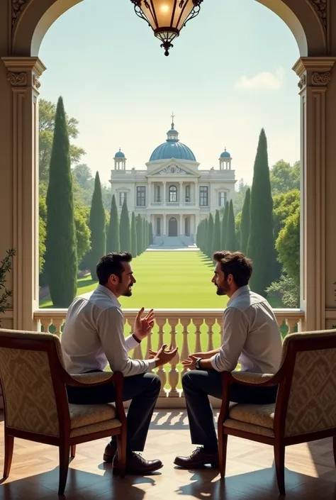 Two men wearing casual and sitting in a mansions balcony talking 