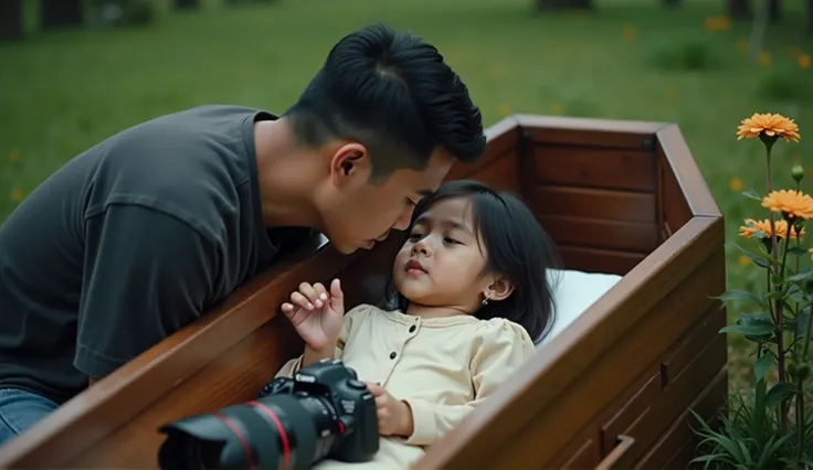 A photorealistic image of an Indonesian man, around 35 years old, leaning over a young Indonesian girl, about , lying peacefully in a wooden coffin. The man appears concerned, gently touching the girls hand. The scene is outdoors in a grassy, slightly blur...