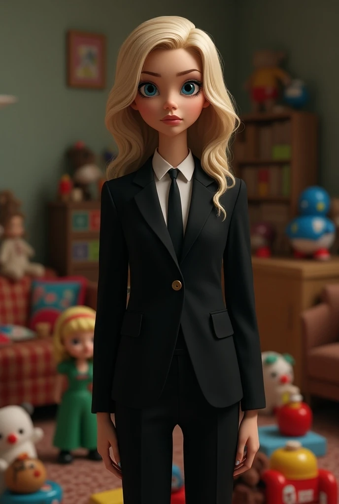  blue eyes long curly blond hair black suit black pants in a room with toys 