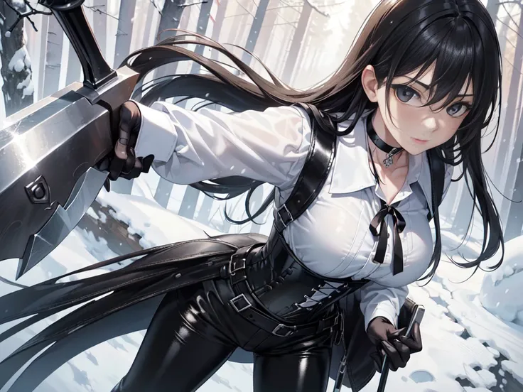  masterpiece ,  Best quality , high resolution,  beautiful detailed eyes, extremely detailed face , Detailed CG, 1 girl; standing, holds an axe in his hand,  seen from above ,  looking at the spectator,  long black hair , black eyes, choker:1.6, (( white b...