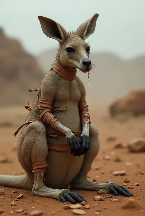 A wounded and bandaged kangaroo