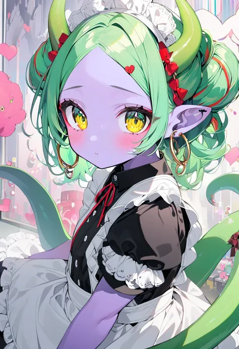 1girl, alone, looking at the viewer, blush, hair in a bun, jewelry, tail, yellow eyes, short sleeves, multicolored hair, earrings, green hair, horns, pointy ears, puffy sleeves, apron, short puffy sleeves, maid, red skin, maid apron, hoop earrings, dragon ...