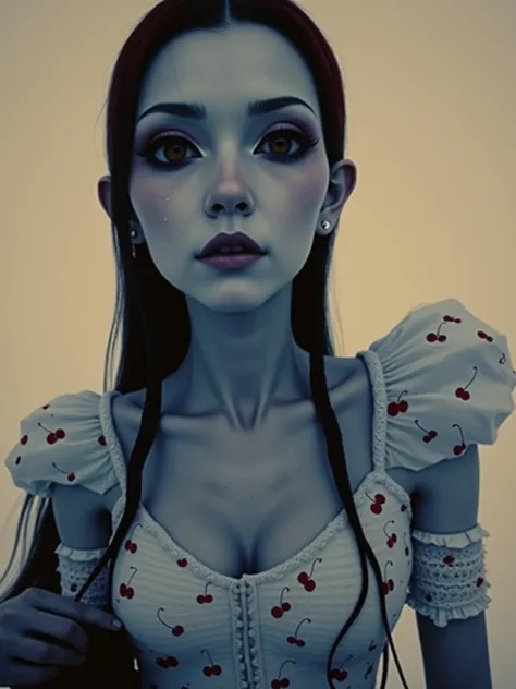 White woman, tall, black eyes, very large eyes, small nose, small mouth, very long straight hair, white and red color, white bodice with cherry pattern and short pleated skirt, with white and red boots, a small handbag in her hand, tattoos everywhere