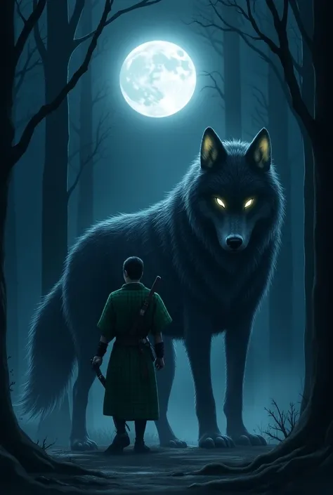 

In a moonlit forest, deep within the shadowy woods, Tanjiro Kamado stands side by side with a massive, ethereal wolf. The wolf’s fur is thick and dark, but it shimmers with an otherworldly energy, its eyes glowing with a fierce, intelligent light. Its pr...