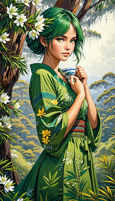  girl with green hair  ， manipulating tea tree flowers 、Beautiful girl、Mysterious、 wearing a green dress 、 tea tree leaves 、Australian Women、Aboriginal style 