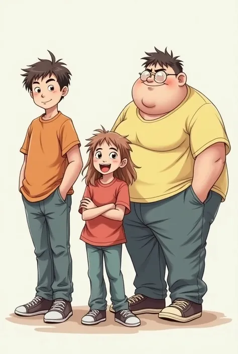 Make me an image with 3 characters that are one tall one medium size and one that is fat and with different clothes and that is like a colorful drawing like old manga type 2000 1990 and that the background is gray 