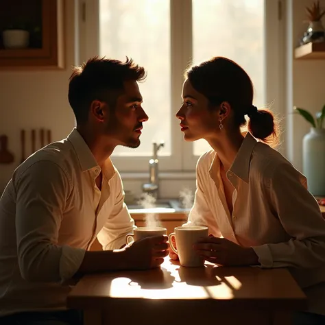 romantic couple, british man and indonesian woman, sitting in the kitchen, drinks cofee