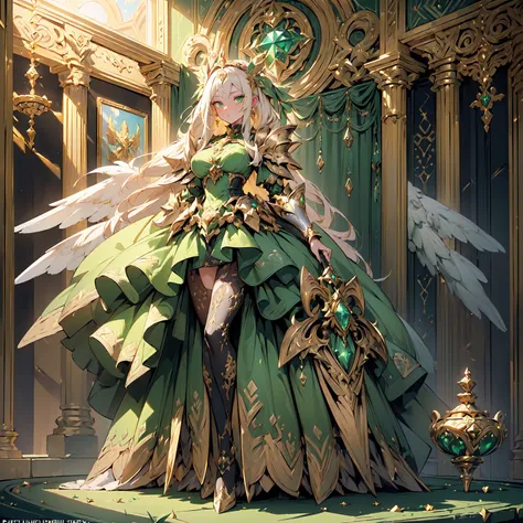 (((masterpiece, best quality, high detailed, 16k))) (1girl) A sinfully opulent woman with long platinum blonde hair and glowing green eyes. She wears an armor encrusted with gold coins and precious gems, shimmering with wealth. Her wings are made of gold, ...