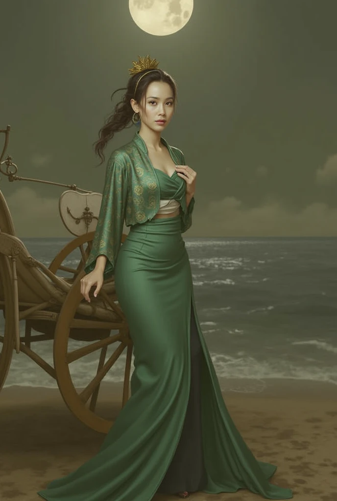 The Queen of the South Coast is depicted wearing a green kebaya underneath the batik motif of hair in a bun standing next to andong on the beach Parangtritis with a mystical aura full of charisma The background of the full moon is impressive to the viewer 