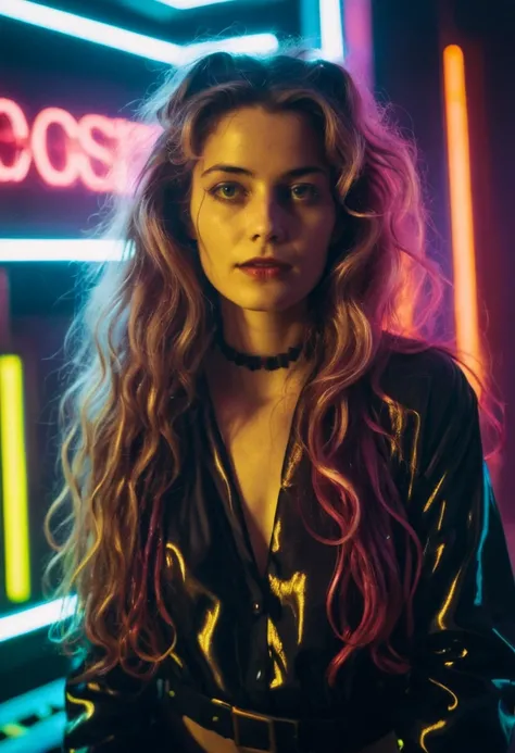 Photo of a woman with long wavy hair,portrait,kodachrome, neon,cyberpunk,