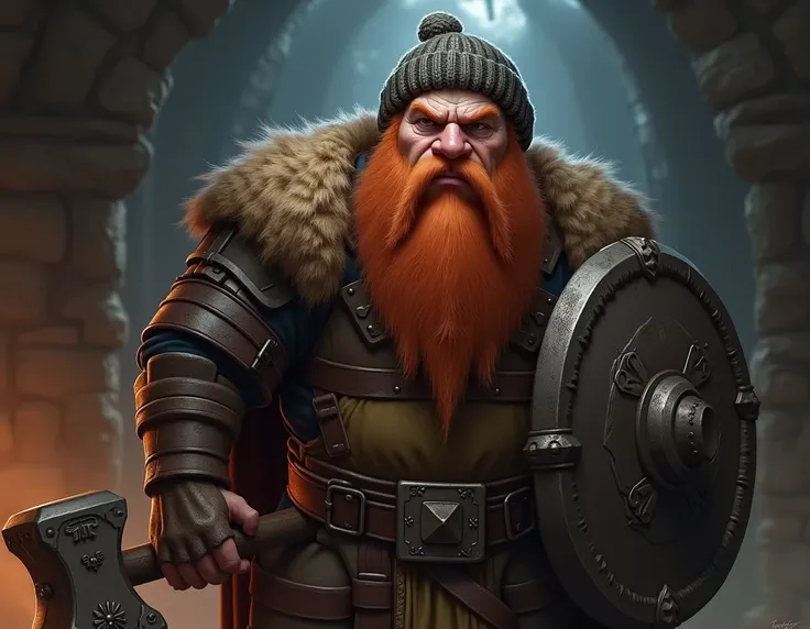 A dwarf clergyman ,  wearing a knitted hat ,  holding a war hammer in one hand and a shield in the other,  has red hair and beard 