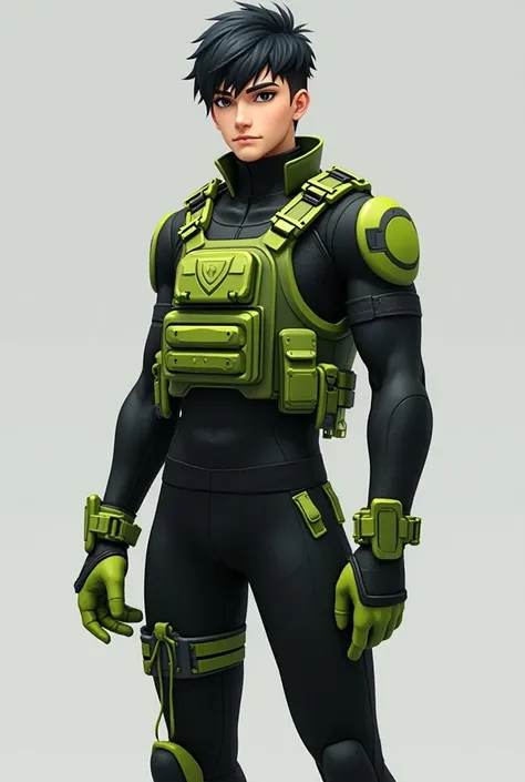  A dark-haired 3D character who has a modern and athletic look .  He wears a black jumpsuit with fluorescent green details , including an all-green tactical vest .  The vest has straps and pockets ,  suggesting a utilitarian and high-tech design .  He also...