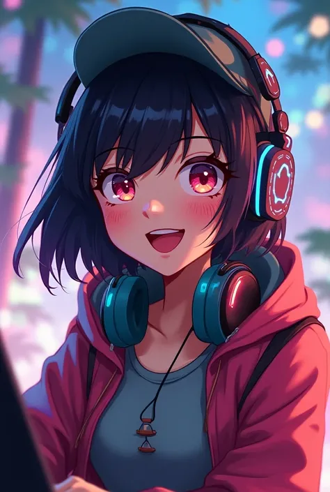 Gamer girl with hat and animated headphones