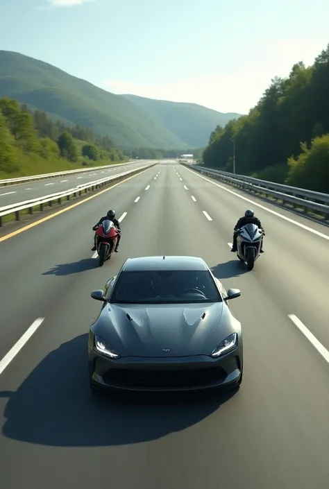 A car goes on a double carriageway and a motorcycle crosses it