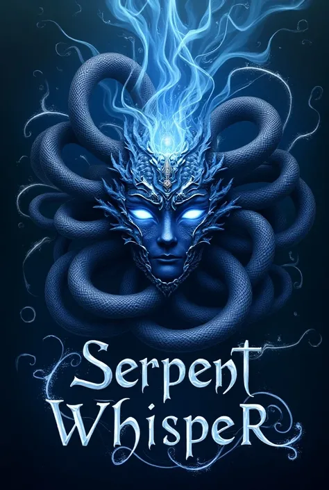 Make an elegant concept art book back cover with title in silver letter with scales : Serpent Whisper .  Showing black snakes and bright blue magic surrounding a mask and space to place summary of the book