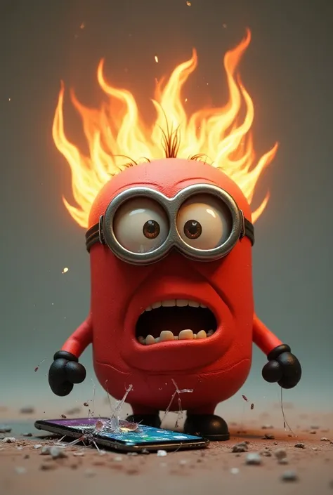  Create Red Minion with Fire Hair, nervous, Like Anger, jogando smartphone no chão 