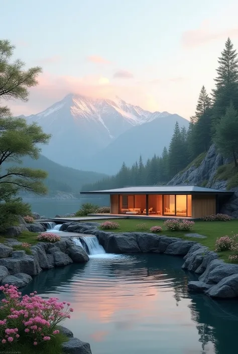  Minimalist house in the city in front of the lake and the waterfall near the mountain with sunset and multicolored flowers, In the background you can see the snow-filled mountain range 