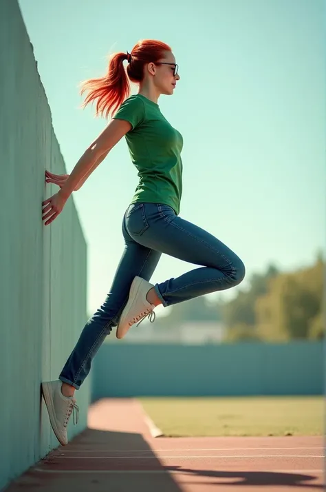  Panoramic image of a red-haired woman wearing brown glasses dressed in blue jeans and a green t-shirt, high jump, profile, with her back to the wall with her foot on the wall 