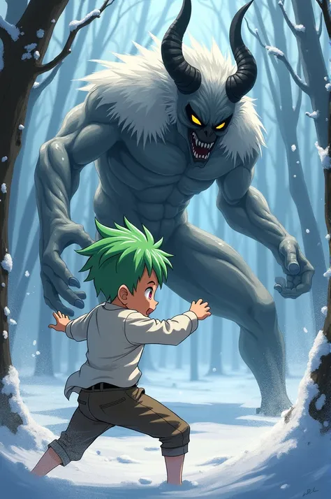  make me a  boy , with lime green hair ,light skin,magenta eyes, long sleeve white shirt ,  Fighting against a tall thin but muscular humanoid being,gray skin, black eyes with yellow , with horns on the head,  in a winter forest ,anime