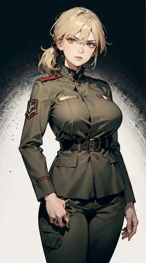 one mature woman,(solo),parietal,
(khaki hair),short ponytail,
brown eyes,(beautiful detailed eyes),
large breast, voluptuous,

((serious)),noble,no ornaments,
military jacket,
long sleeve,military pants,

((cowboy shot)),standing,

((masterpiece)), (best ...