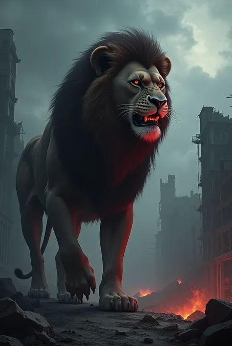 Evil Simba with destroyed city in the background 