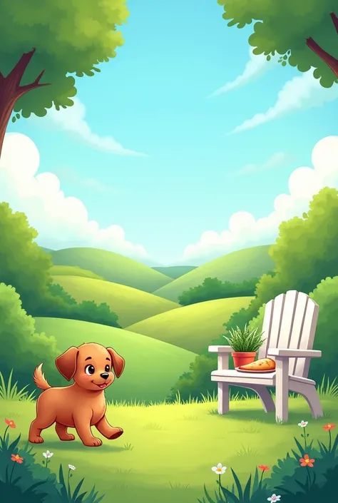  Cartoon illustration of a green park with a view of the hills and blue sky in behind her. In the garden In the foreground,  there is an adorable brown little dog walking .  There is also a white chair with bread and plants on it 