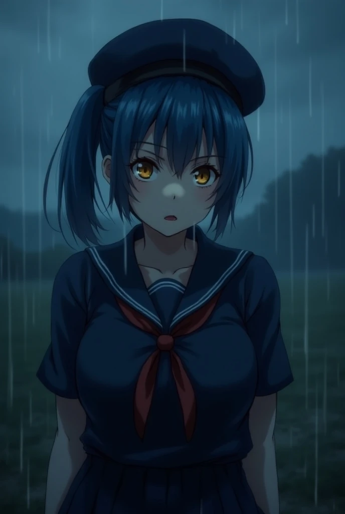 close up shot, a girl, she is surprised found something, 20 years old with blue ponytailed hair, yellow eyes, wearing (((dark blue sailor uniform))), skirt,, dark captain hat, night time, ((heavy rainy night),, cloudy sky, foggy, alone, no light,, dark atm...