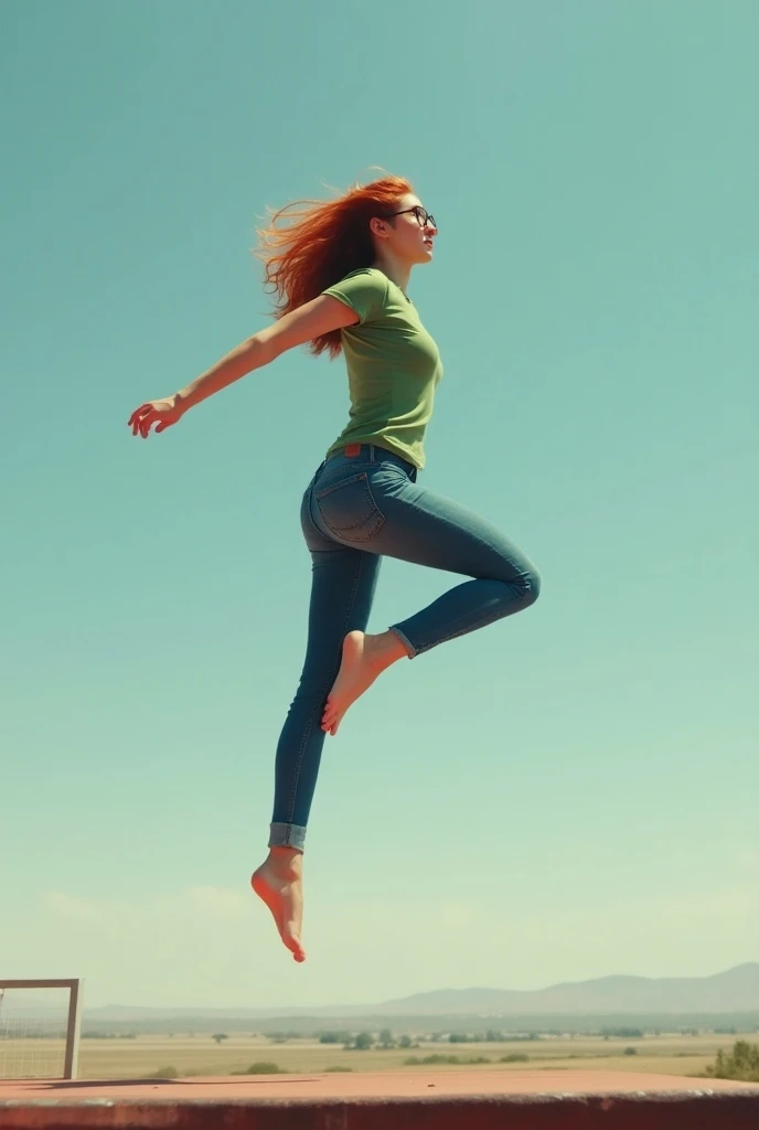  Panoramic image of a red-haired woman wearing brown glasses dressed in blue jeans and a green t-shirt, high jump, profile, with her back to the wall with her foot on the wall 