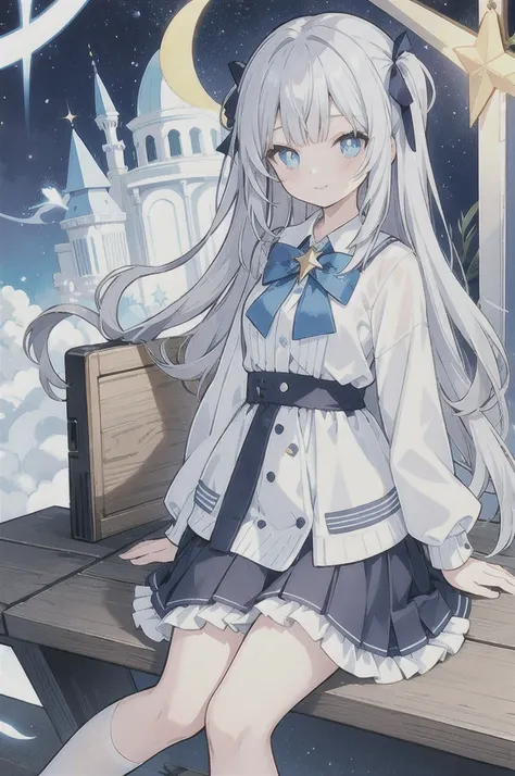 Gray hair、Very long hair · side tail on the right side · eyes of a different color 、Left eye is light blue、Right eye is gray · star-shaped pupil · small breasts · white blouse · large collar · light blue cardigan · light blue ribbon on the sleeve of the ca...