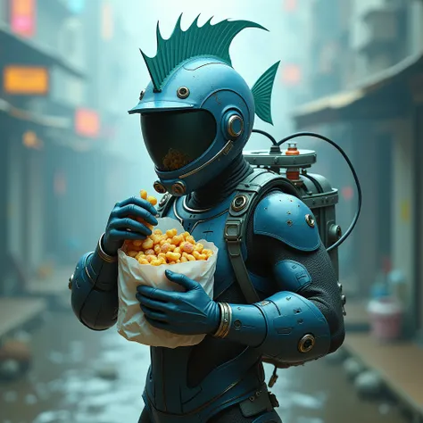  a super hero who has a helmet with a fish fin on the top,  and wears a diving suit that has fish fins on his arms and legs , And he is eating a bag 