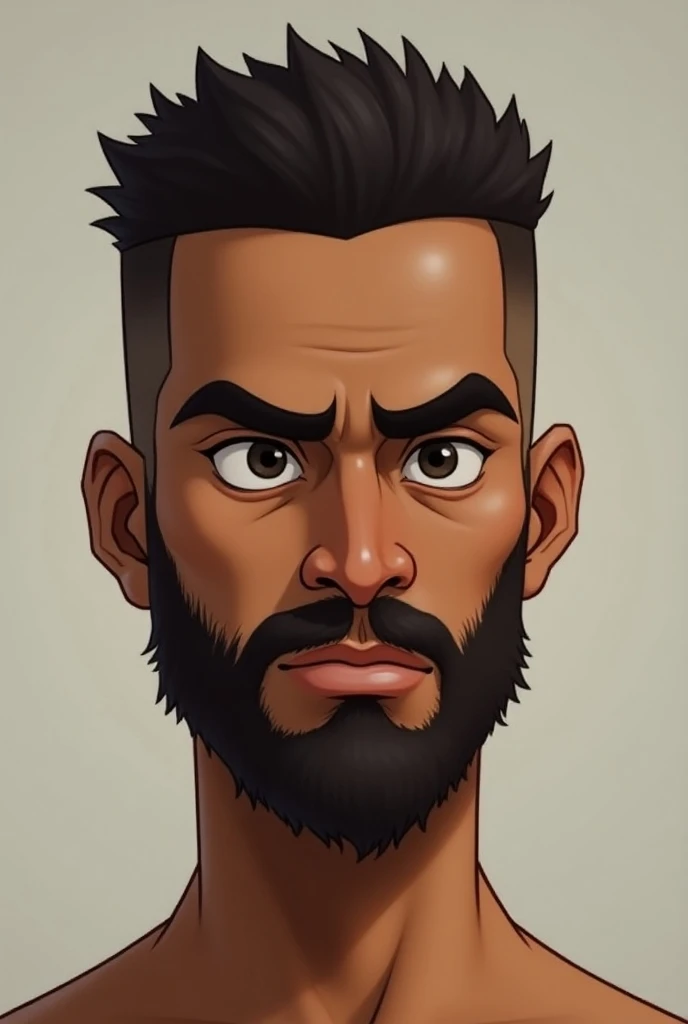  A characters head has an oval shape and is well defined.  He has brown skin and a short and well-aligned haircut , gradient style . The eyebrows are thick and well drawn,  and he has a thin beard ,  trimmed and symmetrical .  The eyes are expressive and w...